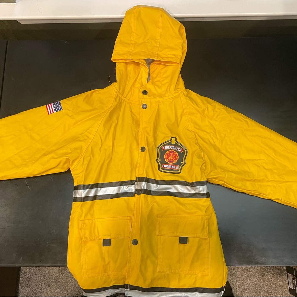 Yellow Kids Firefighter Raincoat with Reflective Stripe and Hood